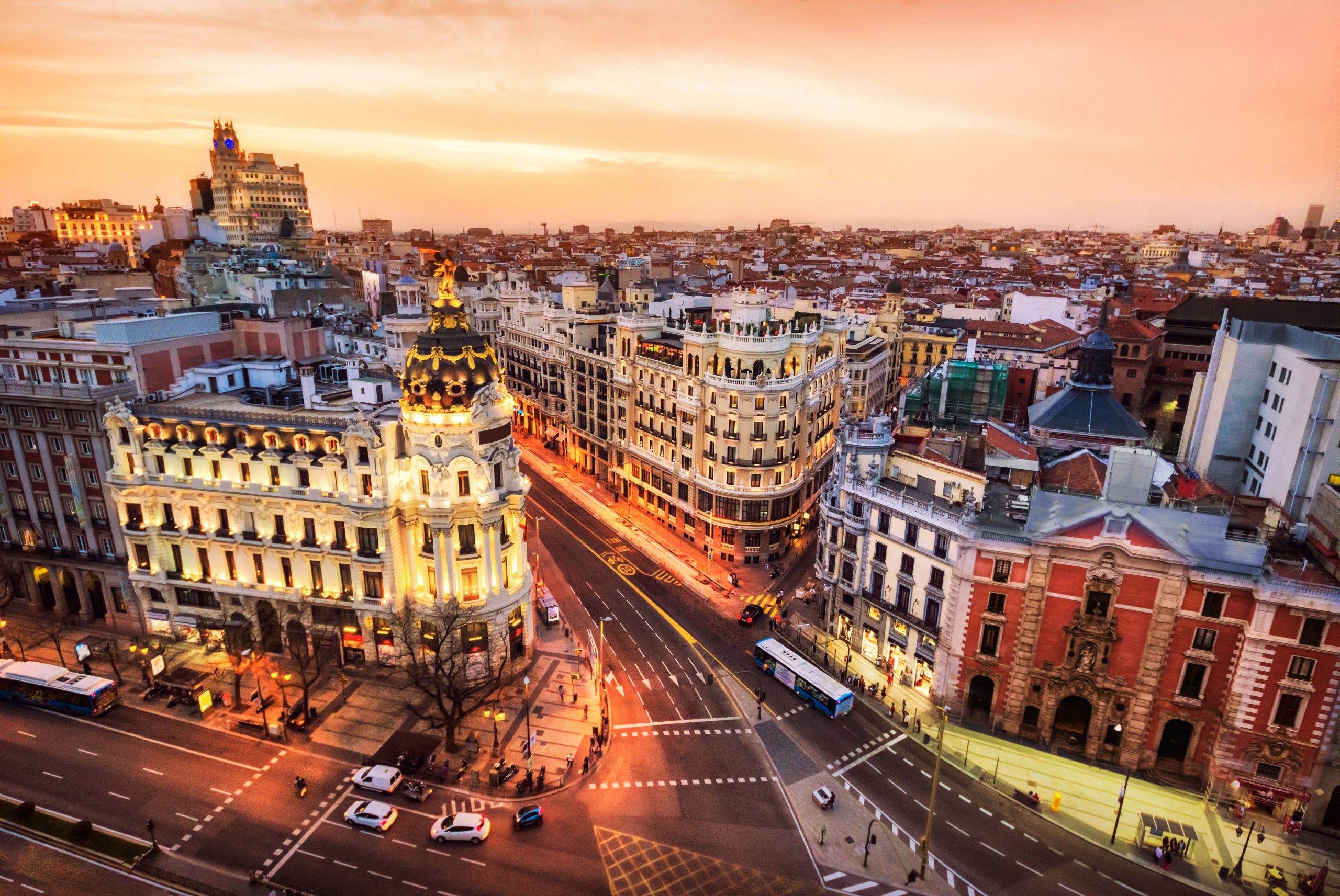 Aerial view of Gran Via in Madrid at dusk